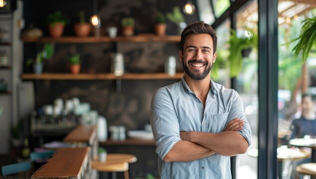 Cheerful man with a beard, wearing a casual shirt, standing with his arms crossed inside a contemporary coffee shop