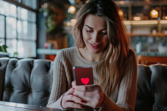Young woman using dating app, pressing red heart on handsome man profile. Find love online concept