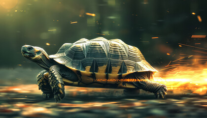 A turtle is walking on a rocky surface with sparks flying around it