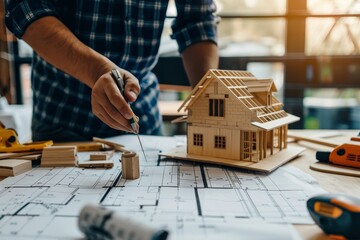 Construction worker building house with blueprints - construction project conceptualization