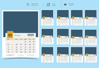 2025 Corporate Wall Calendar Template Design.Set of 12 pages calendar vector design with  print template