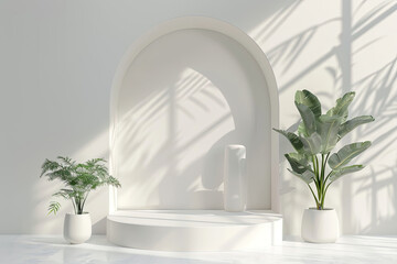 White background, minimalist stage design style, white wall and arches. Created with Ai