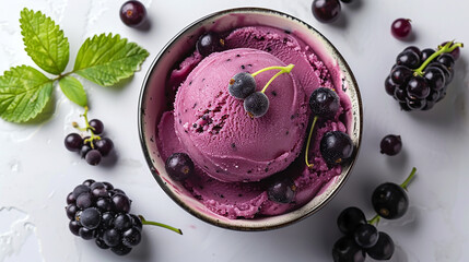 Wide banner photo of delicious scoop of purple color black currant ice cream sorbet on an icecream cup with fruits and pieces around in white background