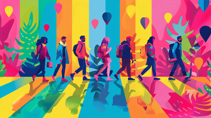Vector design of an LGBTQ+ pride march with vibrant colors and symbols