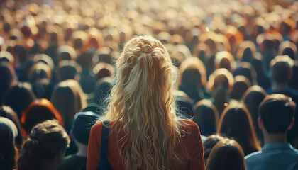 A woman stands in front of a crowd of people - Powered by Adobe