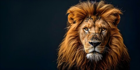 Fototapeta premium Majestic Fantasy Lion Head with Intricate Design on a Dark Background. Concept Fantasy Art, Lion Head, Intricate Design, Dark Background, Majestic Portrait