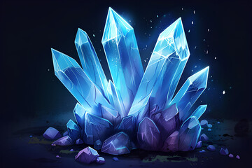 blue crystal, beautiful, black background, dark, vector, 3d rendering, neon