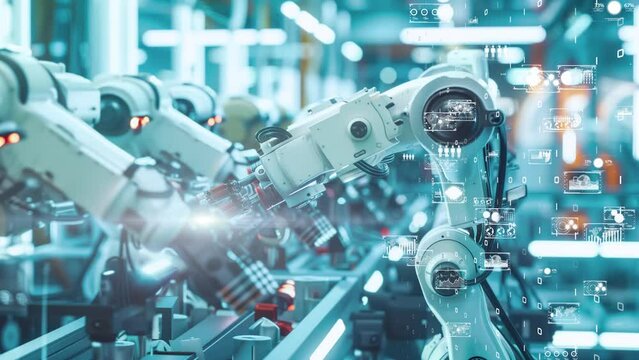 High-tech manufacturing with robotic arms, digital interfaces
