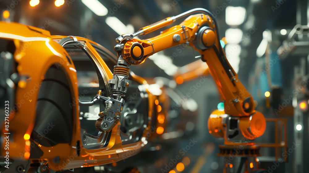 Poster a car is being built in a factory with robots. scene is industrial and mechanical