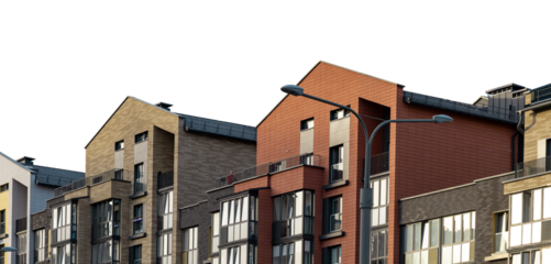 Architecture and city urban house buildings, apartment facade brick exterior town. Modern windows street wall old construction, view sky home cityscape blue. Design structure, transparent background