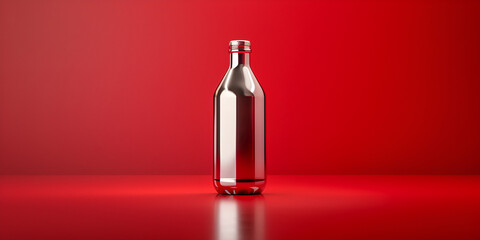    A stainless steel bottle on red background, Close-up of reusable steel thermos bottle sprayed with water on red background

