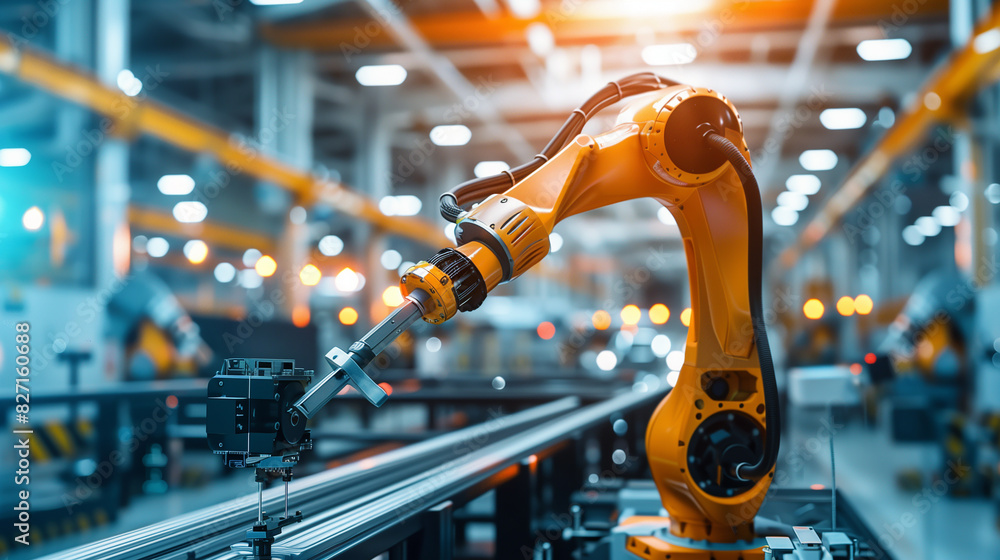 Poster a car is being built in a factory with robots. scene is industrial and mechanical