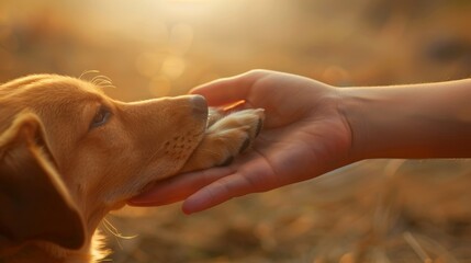 Heartfelt bond. human hand and dog paw touch, symbolizing deep love and friendship