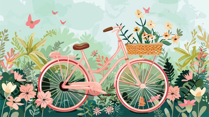 Vintage cartoon illustration with pink bicycle with background