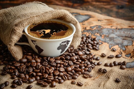 Worldly java. a global adventure through coffee beans and world map with high quality image