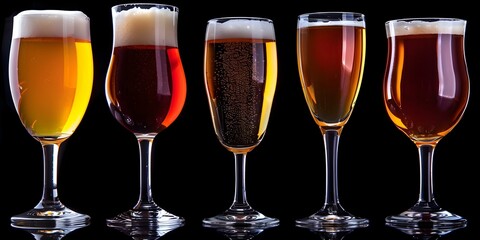 A diverse selection of beer glasses with different types of beer on a black background. Concept Beer Glasses, Different Types, Variety, Diverse Selection, Black Background