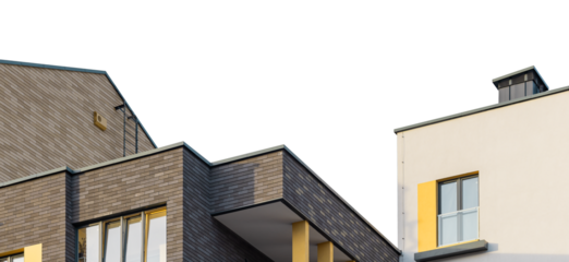 Building architectural roof and house structure, home construction blue sky exterior isolated. Loan rent invest investment mortgage condo tile top chimney rooftop detail, transparent background