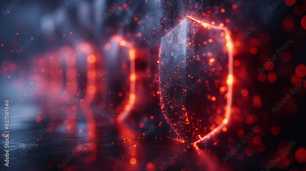 Poster a dynamic visualization of a cybersecurity defense system with shields deflecting cyber threats and 