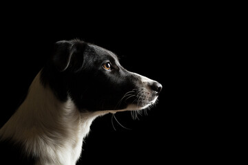 border collie puppy dog head portrait on a black background in the studio