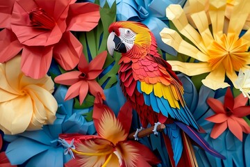 Obraz premium colorful kirigami art parrot with colorful flowers background 