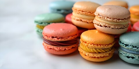 Vibrant macarons displayed elegantly on a simple white backdrop. Concept Macarons, Food Photography, Colorful Display, Elegant Setting