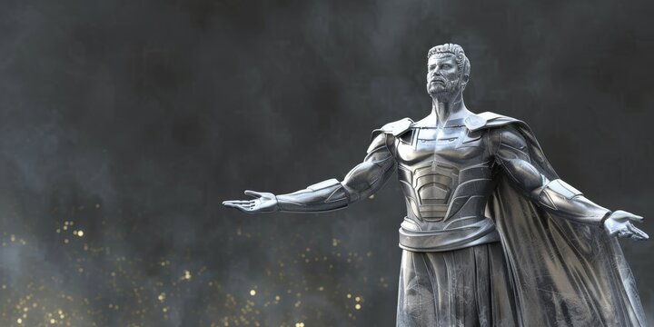 A stone statue depicts a man dressed in intricate armor, standing with a stoic expression