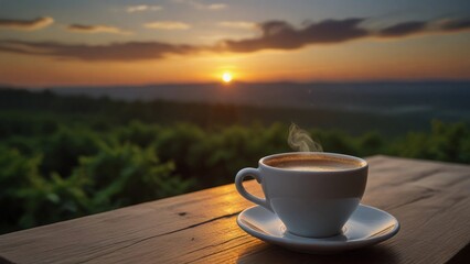illustration of a cup of coffee with a beautiful and peaceful view
