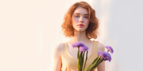 beautiful cute young woman holding a flowers