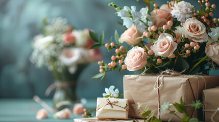 Beautiful bouquet and wrapped presents with a congratulatory card