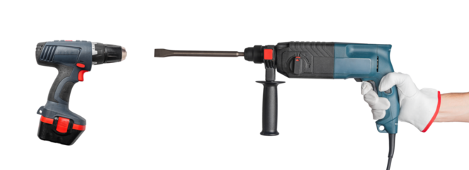 Driller and drill equipment. Electric tool for work and repair. Industrial power object isolated for protection. Machine and professional service instrument. Construction with, transparent background