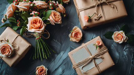 Beautiful bouquet and wrapped presents with a congratulatory card