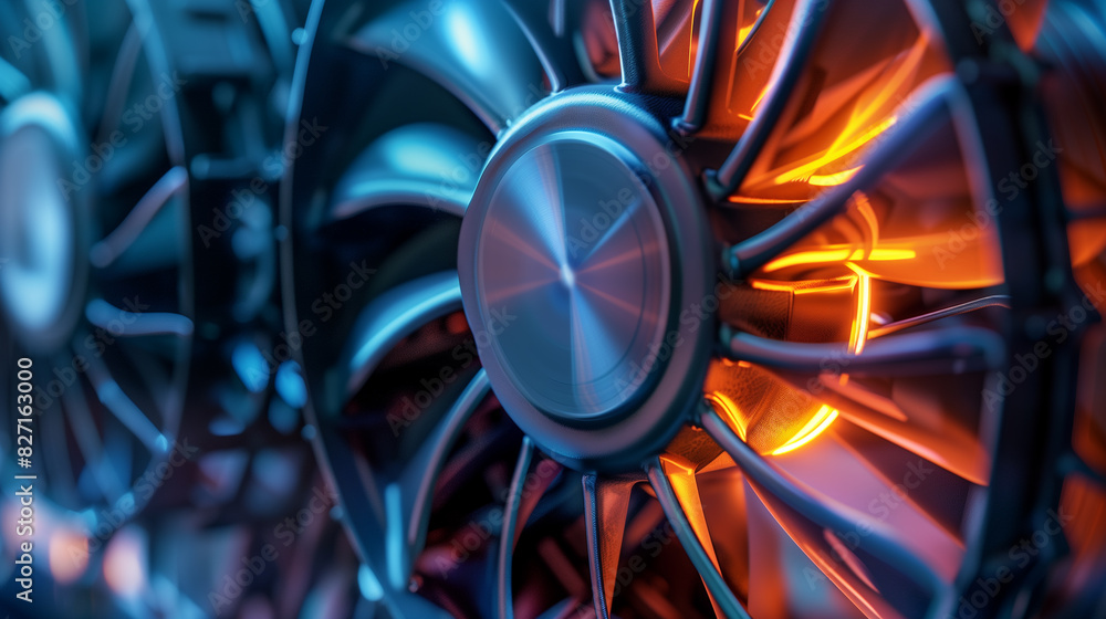 Poster a close up of a computer fan with a yellow light on it. the fan is surrounded by other fans, giving 