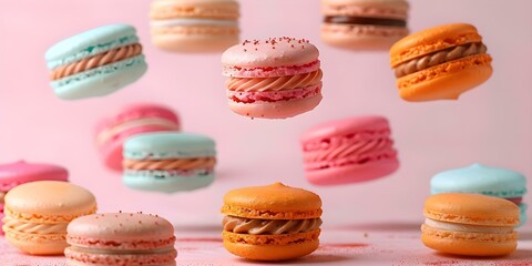 Obraz premium Vibrantly hued macarons floating against soft pastel backdrop in whimsical display. Concept Food Photography, Macarons, Whimsical Display, Pastel Backdrop, Vibrant Colors