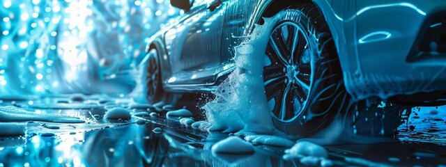 Car Wash Business Banner. Washing Car Backdrop with Copy Space. Blue Colors