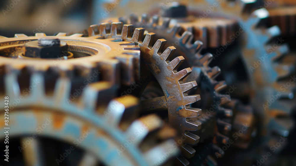 Aufkleber a close up of a bunch of gears with one of them being yellow. the gears are all different sizes and 