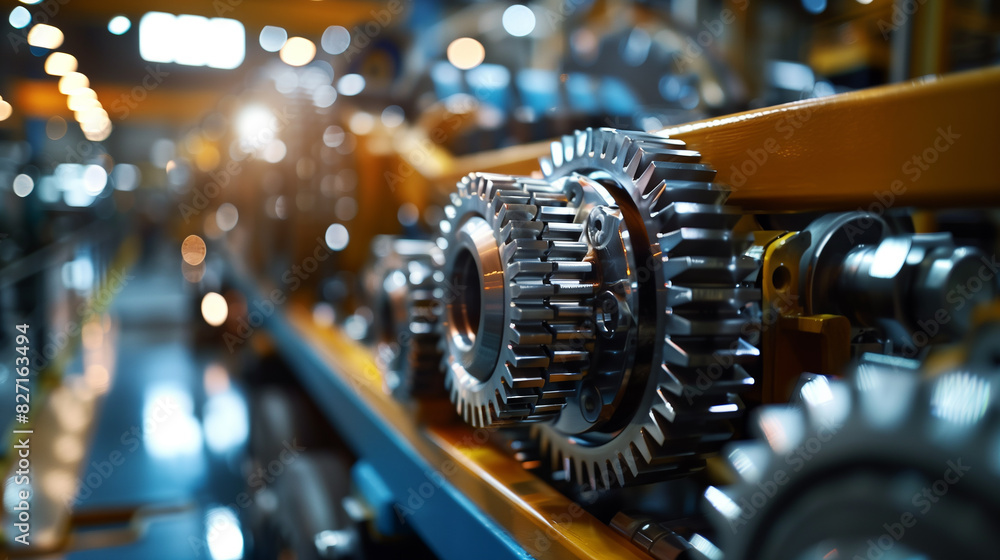 Poster a close up of a bunch of gears with one of them being yellow. the gears are all different sizes and 