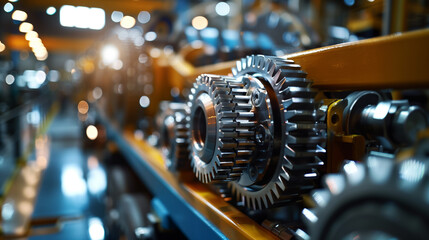 A close up of a bunch of gears with one of them being yellow. The gears are all different sizes and shapes