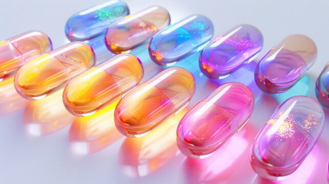 Futuristic medicine capsules in various neon colors on a white background