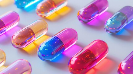 Futuristic medicine capsules in various neon colors on a white background
