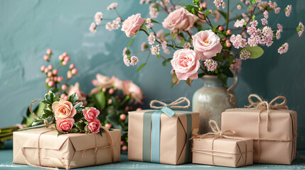Beautifully decorated gifts and a bouquet for a festive occasion