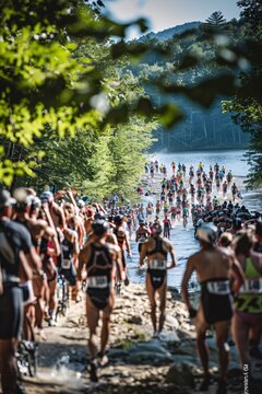 A demanding and exhilarating moment in a triathlon, capturing the endurance, versatility, and determination of the athletes as they swim, bike, and run, with a supportive crowd and scenic backdrop.