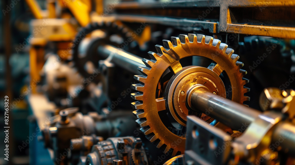Aufkleber a close up of a bunch of gears with one of them being yellow. the gears are all different sizes and 