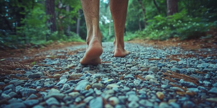 Close up and from the ground of the bare feet of a man walking on a forest sand and stone path.