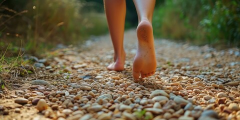 Close up and from the ground of the bare feet of a man walking on a forest sand and stone path.