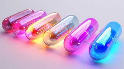 Futuristic medicine capsules in various neon colors on a white background