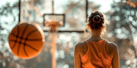 Young woman practicing basketball skills on outdoor court in sports attire. Concept Sports, Basketball, Training, Outdoor Activities, Women's Fitness