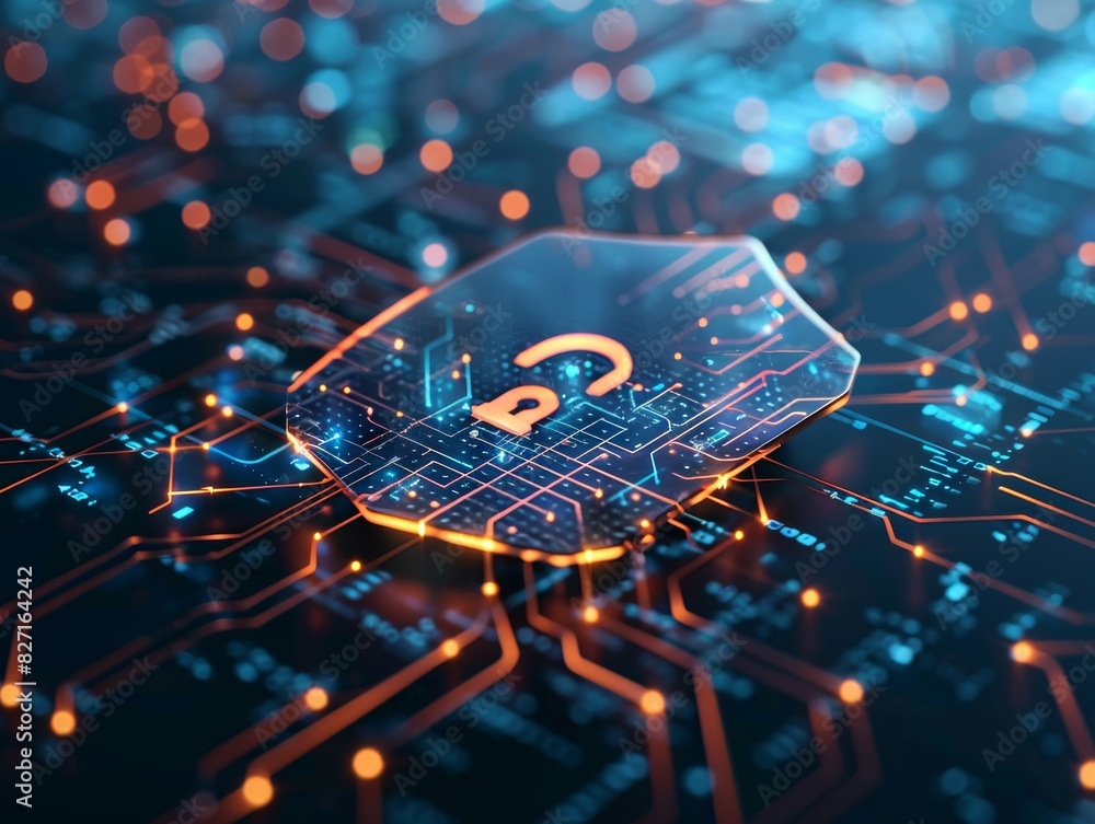 Poster cybersecurity digital shields and locks protecting global data
