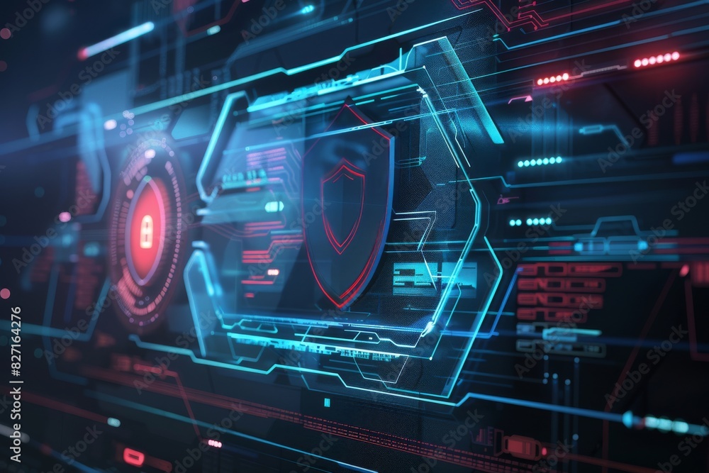 Poster cybersecurity interface with a shield icon, space for text, secure tech, minimalist