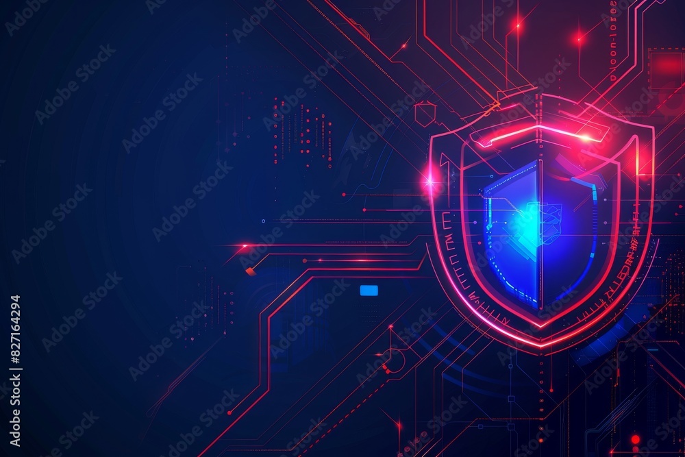 Poster cybersecurity interface with a shield icon, space for text, secure tech, minimalist