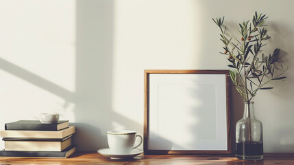 Breakfast still life. Cup of coffee, books and empty picture frame mockup on wooden desk, table. Vase with olive branches. Elegant working space, home.